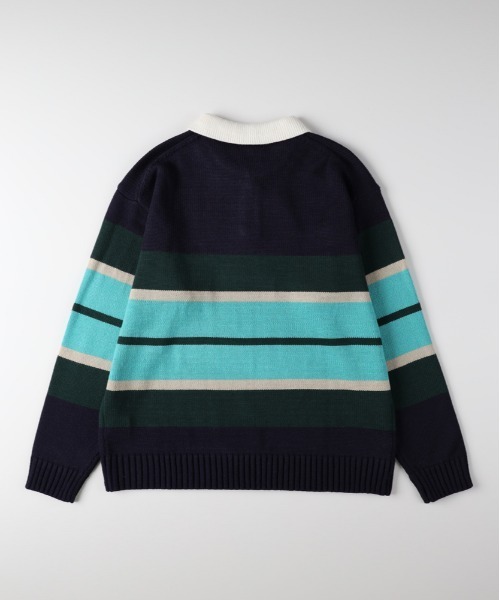 BACK NUMBER】マルチボーダーポロ襟セーター (カジュアルスタイル