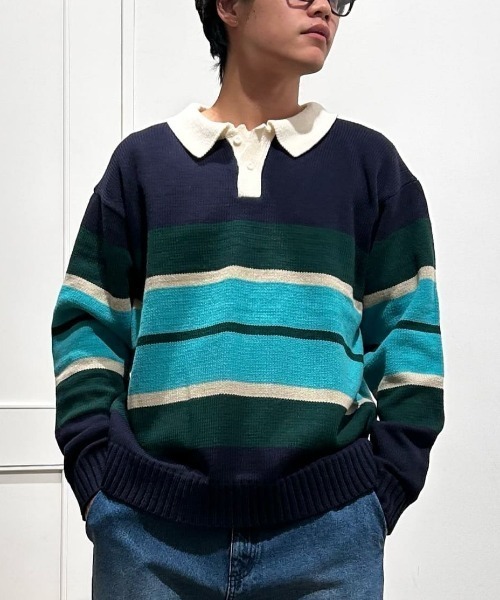 BACK NUMBER(バックナンバー)の「BACK NUMBER(バックナンバー)【メンズ】マルチボーダーポロ襟セーター(ニット/セーター・メンズ・ブラック/ネイビー・S/M/L/XL)」の9枚目の写真