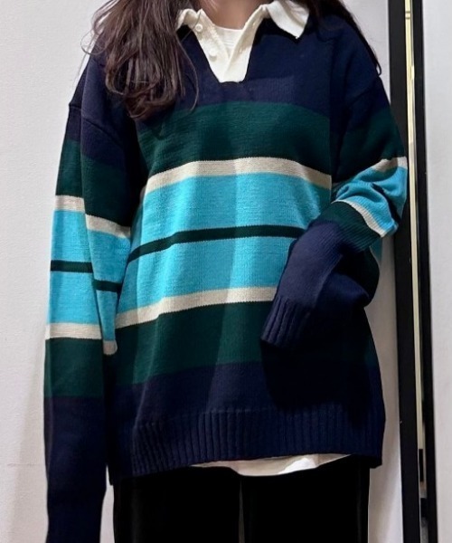 BACK NUMBER(バックナンバー)の「BACK NUMBER(バックナンバー)【メンズ】マルチボーダーポロ襟セーター(ニット/セーター・メンズ・ブラック/ネイビー・S/M/L/XL)」の15枚目の写真