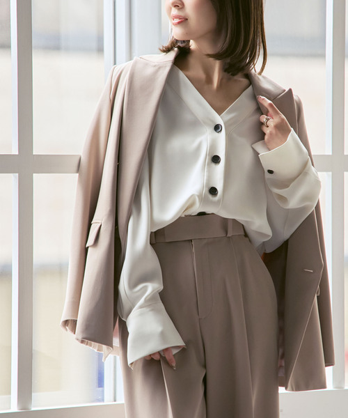 NOBLE ノーブル エステルダブルクロスカーデブラウス ベージュ 追加・WEB限定カラー》エステルダブルクロスカーデブラウス（シャツ