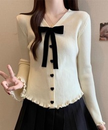 deux amour（ドゥーザムール）の「リボン付きハートボタンメローニットカーディガン（カーディガン/ボレロ）」