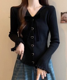 deux amour（ドゥーザムール）の「リボン付きハートボタンメローニットカーディガン（カーディガン/ボレロ）」