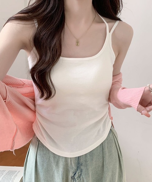 Lace Ladies(レースレディース)の「ソリッドカラー ホルター付き カップ付き ギャザー キャミソール(キャミソール・レディース・ブルー/ピンク/ホワイト/グレー/ブラック・FREE)」の2枚目の写真