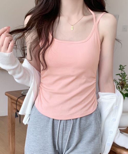 Lace Ladies(レースレディース)の「ソリッドカラー ホルター付き カップ付き ギャザー キャミソール(キャミソール・レディース・ブルー/ピンク/ホワイト/グレー/ブラック・FREE)」の5枚目の写真