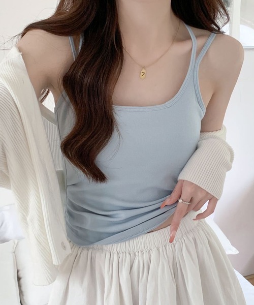 Lace Ladies(レースレディース)の「ソリッドカラー ホルター付き カップ付き ギャザー キャミソール(キャミソール・レディース・ブルー/ピンク/ホワイト/グレー/ブラック・FREE)」の4枚目の写真