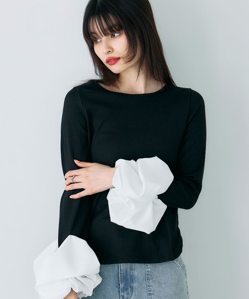 &. NOSTALGIA(アンドドットノスタルジア)の「前後2WAYバルーン袖カットソー(Tシャツ/カットソー・レディース・ブラック/オフホワイト・M)」の2枚目の写真