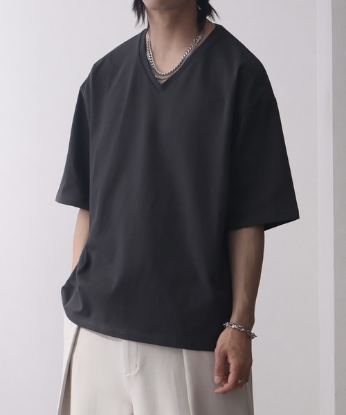 welise(ウェライズ)の「【welise/ウェライズ】シルケットライクスムースコットン ボクシーショート VネックTシャツ/接触冷感 UVカット(Tシャツ/カットソー・メンズ・ライトグレー/チャコールグレー/ブラック系その他/ホワイト/ダークネイビー・M/S/L)」の3枚目の写真