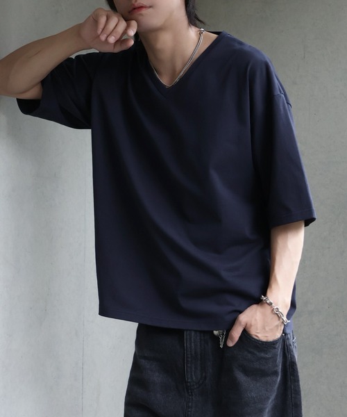 welise(ウェライズ)の「【welise/ウェライズ】シルケットライクスムースコットン ボクシーショート VネックTシャツ/接触冷感 UVカット(Tシャツ/カットソー・メンズ・ライトグレー/チャコールグレー/ブラック系その他/ホワイト/ダークネイビー・M/S/L)」の5枚目の写真