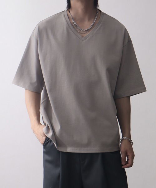 welise(ウェライズ)の「【welise/ウェライズ】シルケットライクスムースコットン ボクシーショート VネックTシャツ/接触冷感 UVカット(Tシャツ/カットソー・メンズ・ライトグレー/チャコールグレー/ブラック系その他/ホワイト/ダークネイビー・M/S/L)」の4枚目の写真