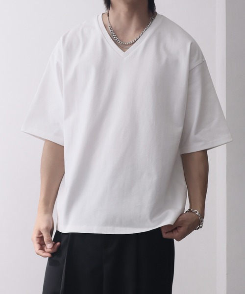 welise(ウェライズ)の「【welise/ウェライズ】シルケットライクスムースコットン ボクシーショート VネックTシャツ/接触冷感 UVカット(Tシャツ/カットソー・メンズ・ライトグレー/チャコールグレー/ブラック系その他/ホワイト/ダークネイビー・M/S/L)」の10枚目の写真