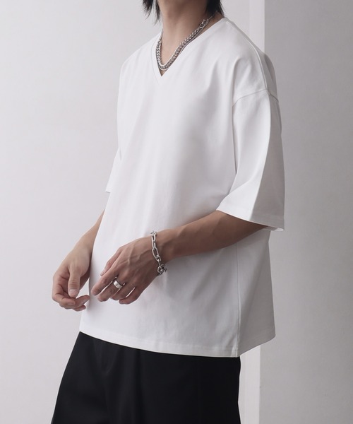 welise(ウェライズ)の「【welise/ウェライズ】シルケットライクスムースコットン ボクシーショート VネックTシャツ/接触冷感 UVカット(Tシャツ/カットソー・メンズ・ライトグレー/チャコールグレー/ブラック系その他/ホワイト/ダークネイビー・M/S/L)」の12枚目の写真