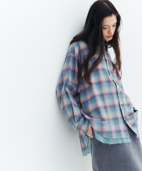 LE CIEL BLEU（ルシェルブルー）の「フランネルシャツw/オーガンザトリム / Flannel Shirt w/Organza Trim（シャツ/ブラウス・レディース・グリーン/ピンク・36）」の2枚目の写真