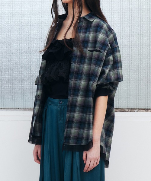 LE CIEL BLEU（ルシェルブルー）の「フランネルシャツw/オーガンザトリム / Flannel Shirt w/Organza Trim（シャツ/ブラウス・レディース・グリーン/ピンク・36）」の6枚目の写真