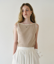 LOEIL（ロエイユ）の「ストライプボートネックスリーブレス - ベージュ（Tシャツ/カットソー）」
