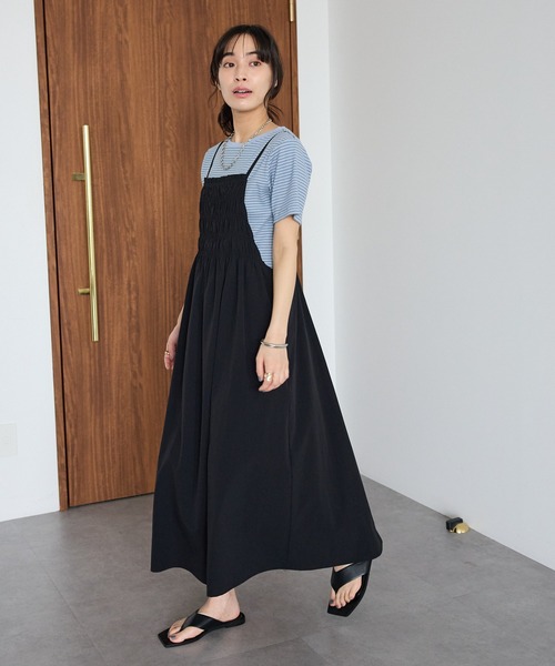 CRAFT STANDARD BOUTIQUE(クラフトスタンダードブティック)の「撥水 ギャザーデザインキャミワンピース(ワンピース・レディース・ブラック/ライトブラウン・FREE)」の1枚目の写真