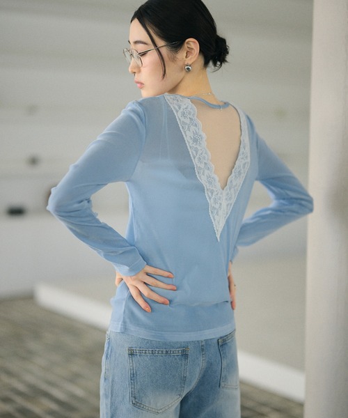 LAULEN(ローレン)の「open back v lace tops /オープンバックVレーストップス(Tシャツ/カットソー・レディース・ピンク/アイボリー/ブラック/グレイッシュベージュ/ブルー/グレー・FREE)」の1枚目の写真