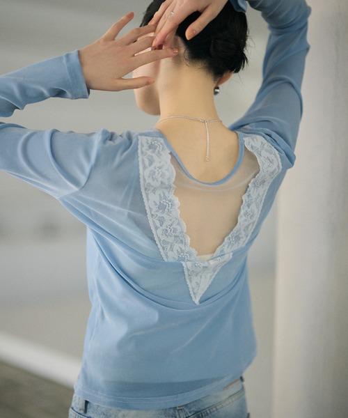 LAULEN(ローレン)の「open back v lace tops /オープンバックVレーストップス(Tシャツ/カットソー・レディース・ピンク/アイボリー/ブラック/グレイッシュベージュ/ブルー/グレー・FREE)」の7枚目の写真