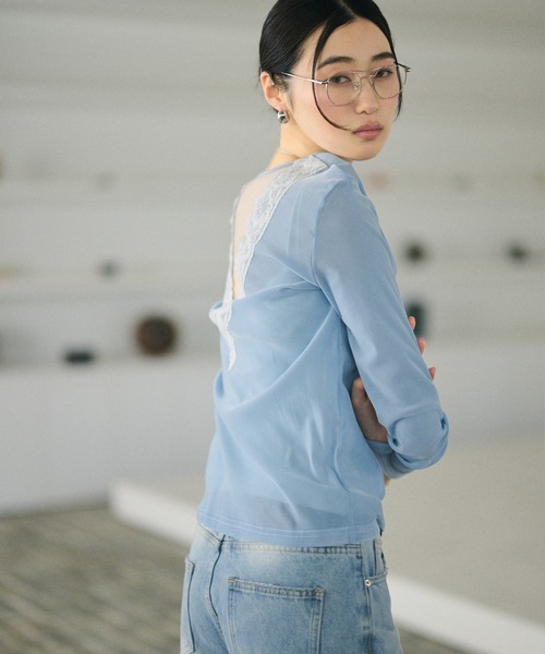 LAULEN(ローレン)の「open back v lace tops /オープンバックVレーストップス(Tシャツ/カットソー・レディース・ピンク/アイボリー/ブラック/グレイッシュベージュ/ブルー/グレー・FREE)」の10枚目の写真
