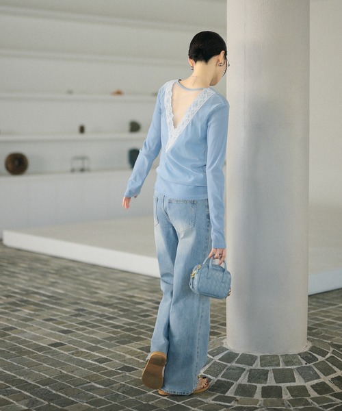 LAULEN(ローレン)の「open back v lace tops /オープンバックVレーストップス(Tシャツ/カットソー・レディース・ピンク/アイボリー/ブラック/グレイッシュベージュ/ブルー/グレー・FREE)」の12枚目の写真