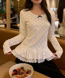 フリル長袖ドット柄Tシャツ