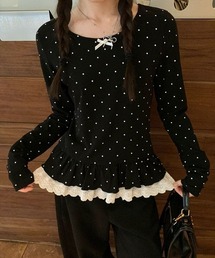 フリル長袖ドット柄Tシャツ