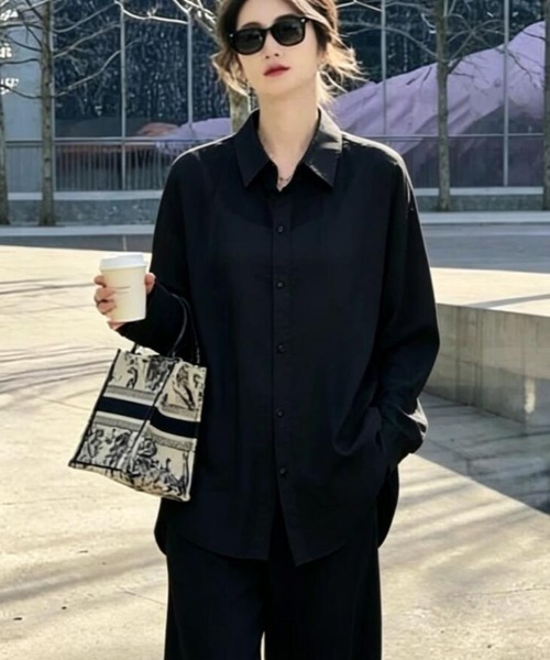 semplice(センプリチェ)の「長袖シャツ イージーワイドパンツ セットアップ(セットアップ・レディース・ブラウン/ホワイト/ブラック/ピンク/ブルー/パープル・F)」の7枚目の写真