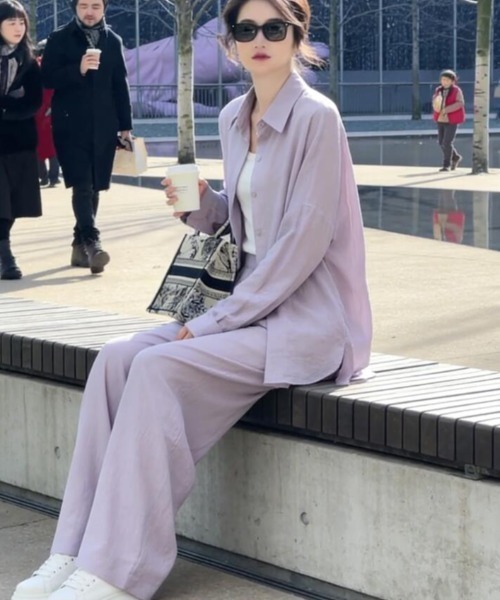 semplice(センプリチェ)の「長袖シャツ イージーワイドパンツ セットアップ(セットアップ・レディース・ブラウン/ホワイト/ブラック/ピンク/ブルー/パープル・F)」の10枚目の写真