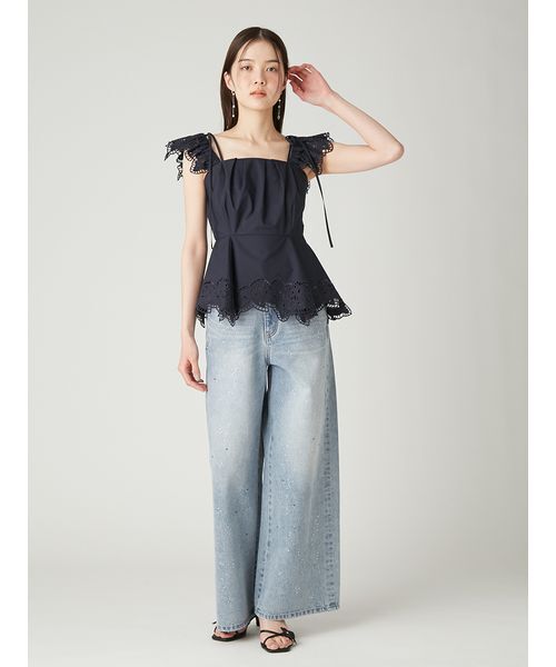 FRAY I.D(フレイアイディー)の「ラインストーンセミワイドストレートデニムパンツ(デニムパンツ・レディース・ブラック/ライトブルー・0/1)」の8枚目の写真