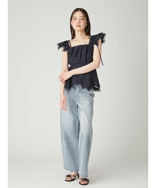 FRAY I.D(フレイアイディー)の「ラインストーンセミワイドストレートデニムパンツ(デニムパンツ・レディース・ブラック/ライトブルー・0/1)」の7枚目の写真
