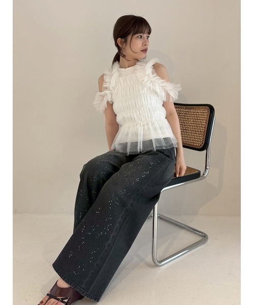 FRAY I.D（フレイアイディー）の「ラインストーンセミワイドストレートデニムパンツ（デニムパンツ・レディース・ブラック/ライトブルー・0/1）」の9枚目の写真