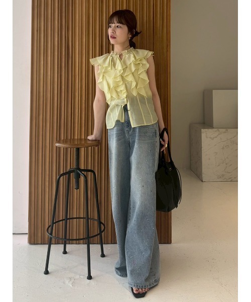 FRAY I.D(フレイアイディー)の「ラインストーンセミワイドストレートデニムパンツ(デニムパンツ・レディース・ブラック/ライトブルー・0/1)」の22枚目の写真