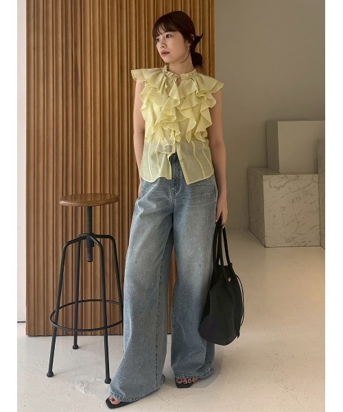 FRAY I.D（フレイアイディー）の「ラインストーンセミワイドストレートデニムパンツ（デニムパンツ・レディース・ブラック/ライトブルー・0/1）」の11枚目の写真