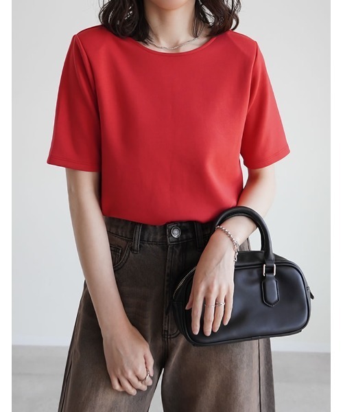 Re:EDIT（リエディ）の「[UVカット最大99.9％][接触冷感][シワになりにくい][2026 SUMMER COLLECTION]マシュマロポンチ肩パッド付きクルーネックトップス（Tシャツ/カットソー・レディース・レッド/杢グレー/オフホワイト/ブラック・LARGE/MEDIUM）」の4枚目の写真