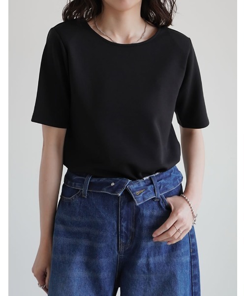 Re:EDIT（リエディ）の「[UVカット最大99.9％][接触冷感][シワになりにくい][2026 SUMMER COLLECTION]マシュマロポンチ肩パッド付きクルーネックトップス（Tシャツ/カットソー・レディース・レッド/杢グレー/オフホワイト/ブラック・LARGE/MEDIUM）」の5枚目の写真