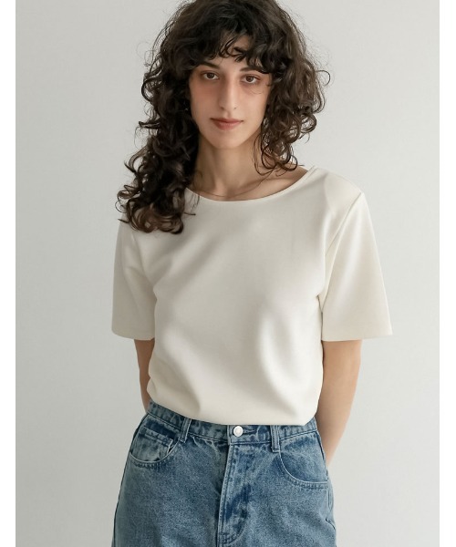 Re:EDIT（リエディ）の「[UVカット最大99.9％][接触冷感][シワになりにくい][2026 SUMMER COLLECTION]マシュマロポンチ肩パッド付きクルーネックトップス（Tシャツ/カットソー・レディース・レッド/杢グレー/オフホワイト/ブラック・LARGE/MEDIUM）」の12枚目の写真