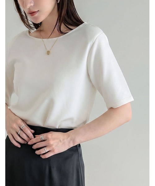 Re:EDIT（リエディ）の「[UVカット最大99.9％][接触冷感][シワになりにくい][2026 SUMMER COLLECTION]マシュマロポンチ肩パッド付きクルーネックトップス（Tシャツ/カットソー・レディース・レッド/杢グレー/オフホワイト/ブラック・LARGE/MEDIUM）」の14枚目の写真