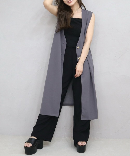 CECIL McBEE(セシルマクビー)の「カットジョーゼットノーカラーロングジレ(テーラードジャケット・レディース・チャコールグレー/ライトベージュ/ブラック・MEDIUM/LARGE)」の3枚目の写真