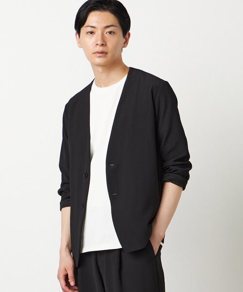 COMME CA ISM(コムサイズム)の「【セットアップ対応】楊柳ポリエステル ノーカラージャケット(ノーカラージャケット・メンズ・チャコール/ブラック・LARGE/MEDIUM/SMALL)」の2枚目の写真