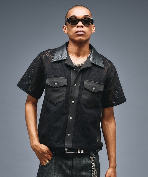 ANDER HUNK(アンダーハンク)の「Combination Open colour Lace Shirts/コンビネーションオープンカラーレースシャツ(シャツ/ブラウス・メンズ・ブラック・SMALL/LARGE/MEDIUM)」の1枚目の写真