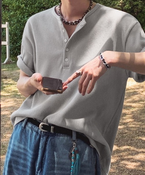 セール】【NOWLE】リラックス ワッフル ヘンリーネック 半袖 Tシャツ