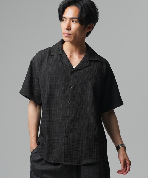 Beno(ビーノ)の「チェックジャガードオープンシャツ(シャツ/ブラウス・メンズ・ホワイト/ブラック・MEDIUM/LARGE/X-LARGE)」の1枚目の写真