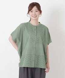 刺繍 切替え前開きブラウス