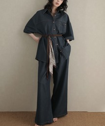 【セットアップ】オーバーサイズ半袖シャツ&タックワイドパンツ スカーフ&ベルト付き