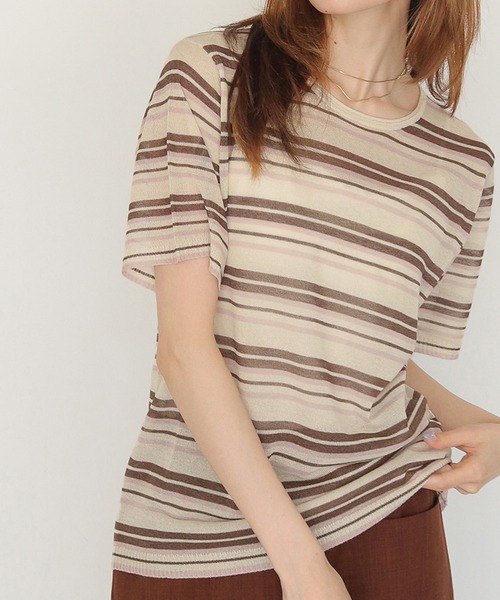 CLEIO（クレイオ）の「【CLEIO】シアーヤーンマルチボーダーニット SHEER YARN MULTI BORDER KNIT（ニット/セーター・レディース・ブラウン/ネイビー/キナリ・FREE）」の2枚目の写真