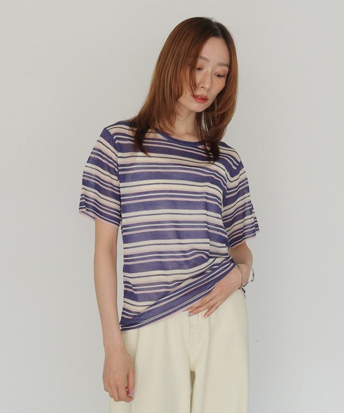 CLEIO（クレイオ）の「【CLEIO】シアーヤーンマルチボーダーニット SHEER YARN MULTI BORDER KNIT（ニット/セーター・レディース・ブラウン/ネイビー/キナリ・FREE）」の8枚目の写真