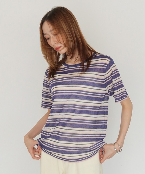CLEIO（クレイオ）の「【CLEIO】シアーヤーンマルチボーダーニット SHEER YARN MULTI BORDER KNIT（ニット/セーター・レディース・ブラウン/ネイビー/キナリ・FREE）」の9枚目の写真