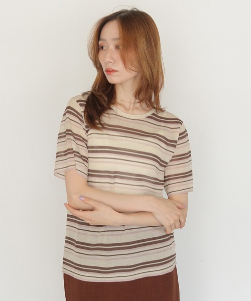 CLEIO（クレイオ）の「【CLEIO】シアーヤーンマルチボーダーニット SHEER YARN MULTI BORDER KNIT（ニット/セーター・レディース・ブラウン/ネイビー/キナリ・FREE）」の22枚目の写真