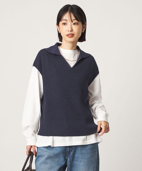 green label relaxing(グリーンレーベルリラクシング)の「メランジ スキッパー ニット ベスト(ベスト・レディース・ネイビー/ダークグレー/ナチュラル・FREE)」の3枚目の写真