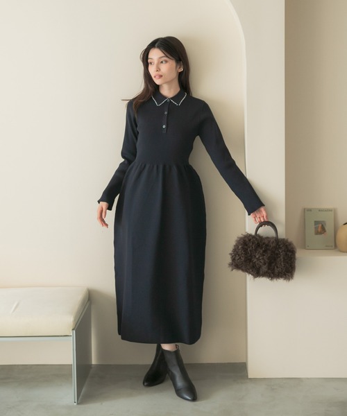 URBAN RESEARCH ROSSO WOMEN(アーバンリサーチ ロッソ)の「『一部WEB限定カラー』パールトリムフォルムニットワンピース(ワンピース・レディース・ブラック/ベージュ/ネイビー・36/38)」の1枚目の写真