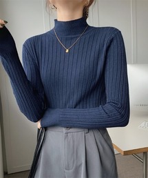 リブ編みのハイネック・タートルネックリブニットトップス